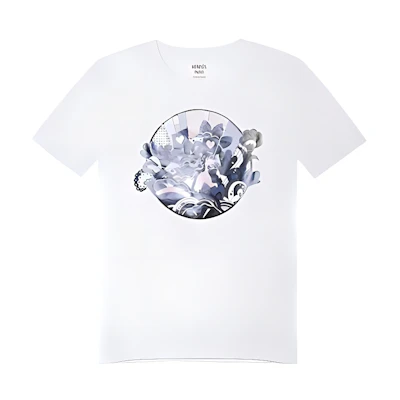 (Women) HERMES SS22 White Graphic Print Crewneck Casual T-Shirt H2E4613DU90