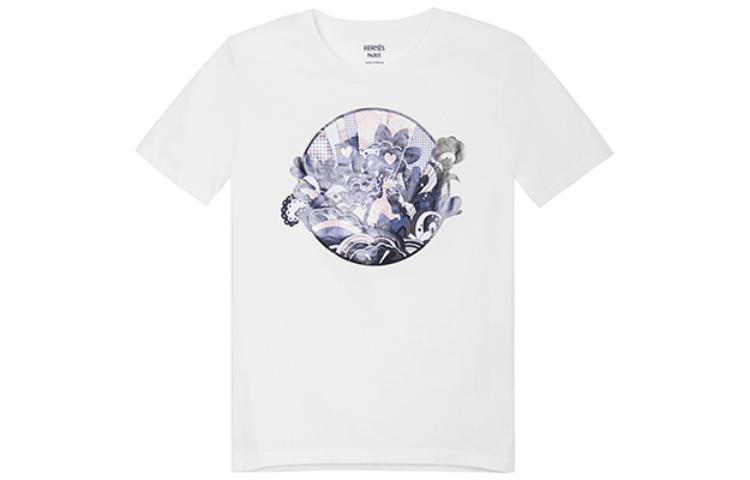 (Women) HERMES  SS22 White Graphic Print Crewneck Casual T-Shirt H2E4613DU90 圖 2
