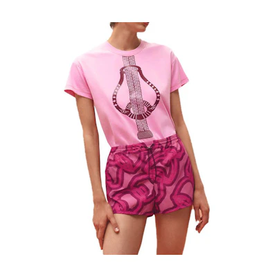 (Women) HERMES SS23 Geometric Print High-Waisted Shorts Rose Cassava Pink H3E0454DWOX