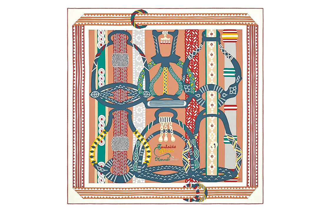 (Women) HERMES  Stirrup Fantasia Print Silk Scarf Cream/Noisette/Ocean. H003921S 17