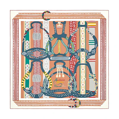(Women) HERMES Stirrup Fantasia Print Silk Scarf Cream/Noisette/Ocean. H003921S 17