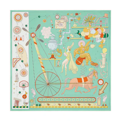 (Women) HERMES Tea for Two Print Silk Scarf - Jade Green/White/Yellow H003968S 08