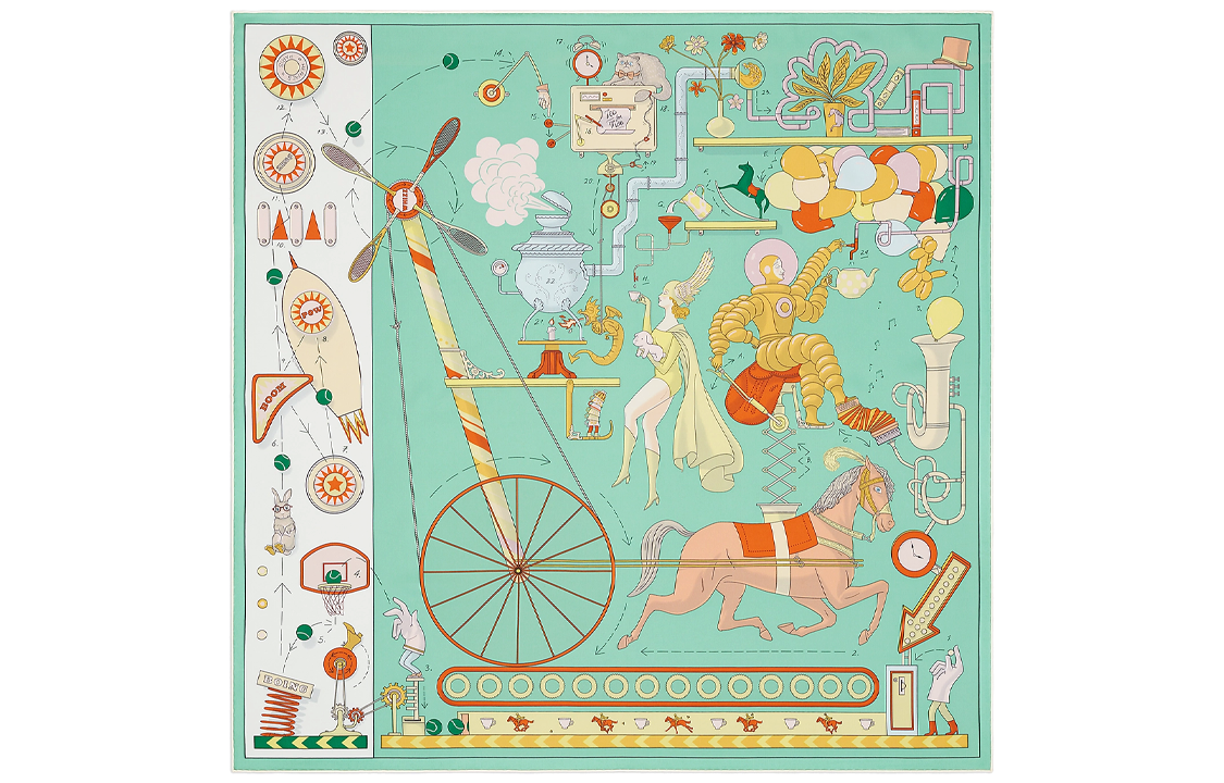 Order (Women) HERMES  Tea for Two Print Silk Scarf - Jade Green/White/Yellow H003968S 08