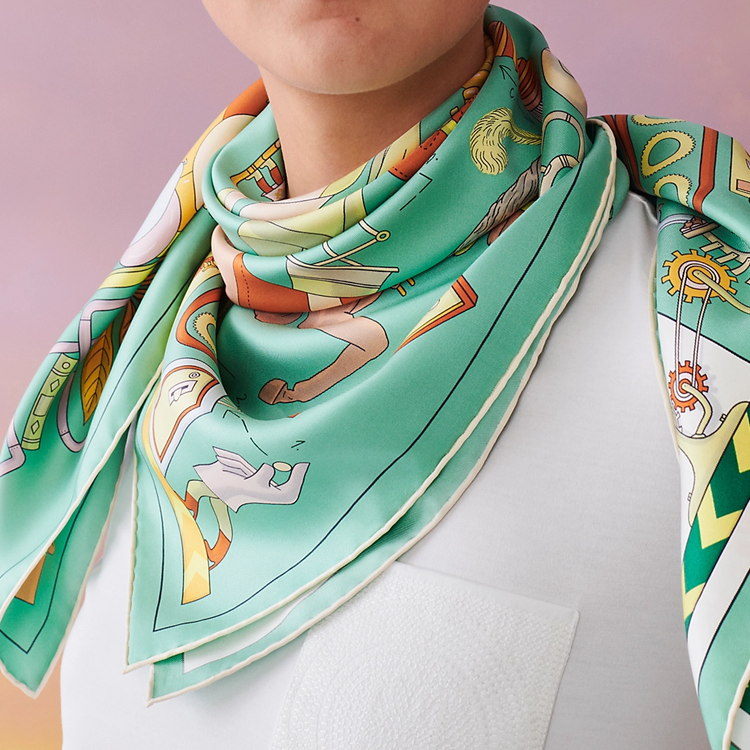 Lookbook (Women) HERMES  Tea for Two Print Silk Scarf - Jade Green/White/Yellow H003968S 08