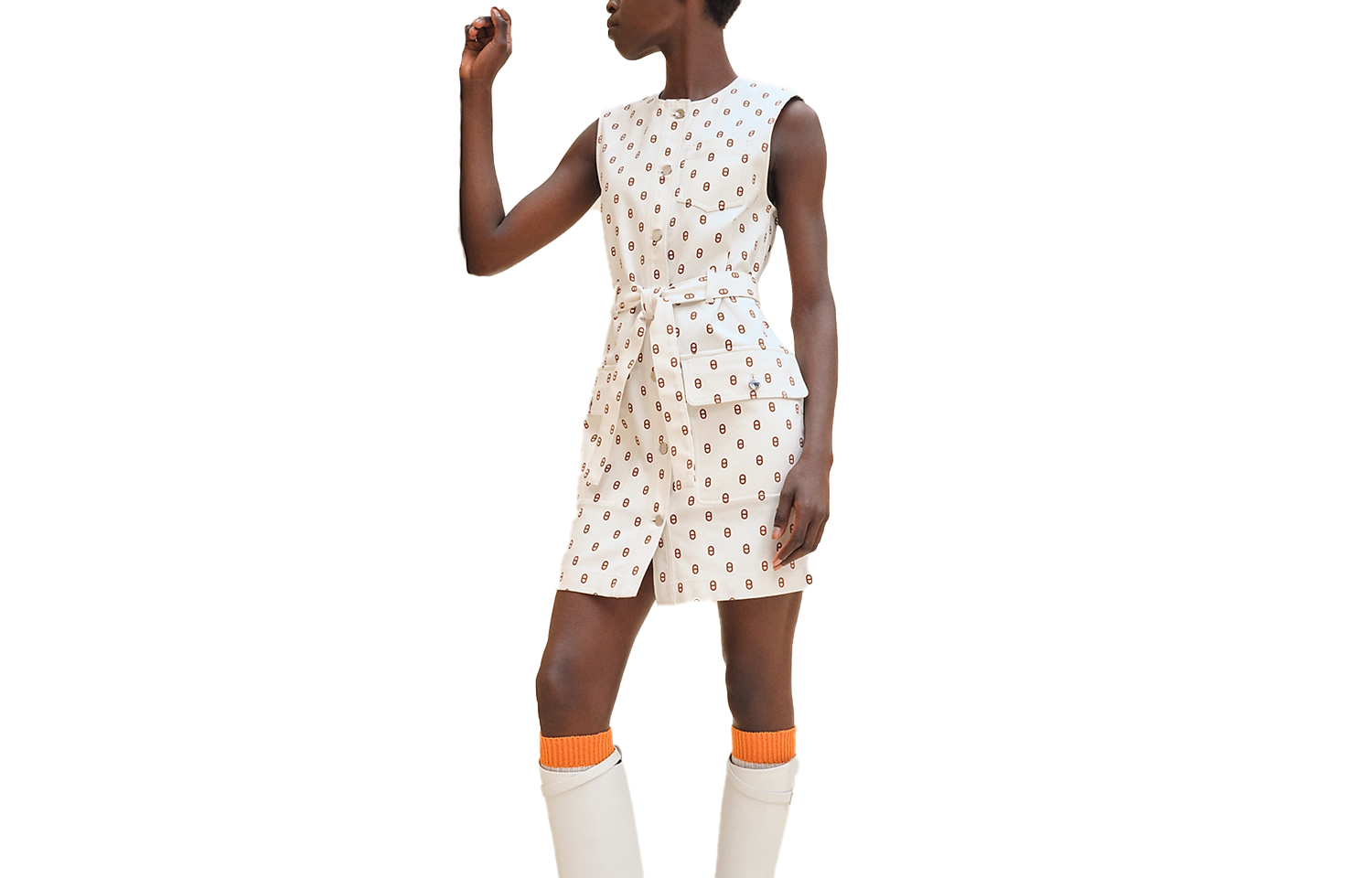 (Women) HERMES  Tie-Waist Sleeveless Logo Print Dress Light Beige Brown H4E0552D3HW