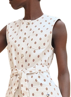 (Women) HERMES Tie-Waist Sleeveless Logo Print Dress Light Beige Brown H4E0552D3HW 1