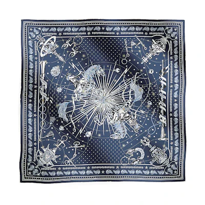 (Women) HERMES Twill Silk Scarf "Chant Étoilé" Navy Blue. H044044S-02