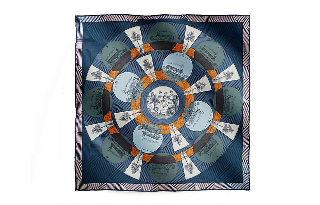 (Women) HERMES  Twill Silk Scarf Navy Blue Bus and Lady Design. H893173S01 圖 2