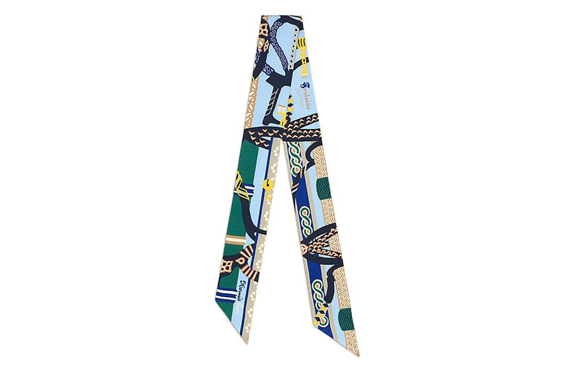 (Women) HERMES  Twilly Silk Scarf Stirrup Fantasia Print Blue Fashion Accessory H063921S-39