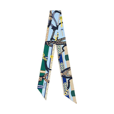 (Women) HERMES Twilly Silk Scarf Stirrup Fantasia Print Blue Fashion Accessory H063921S-39