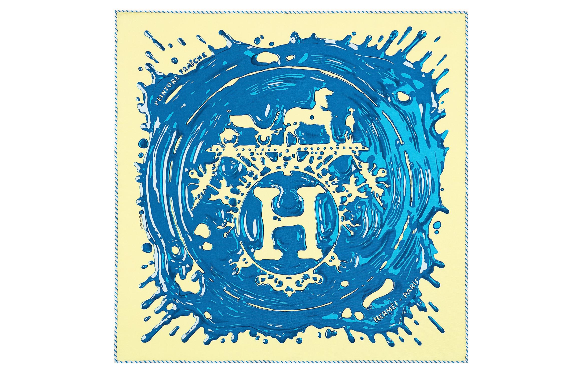 (Women) HERMES 'Wet Paint' 45cm Silk Scarf  Yellow/Blue. H892685S-04
