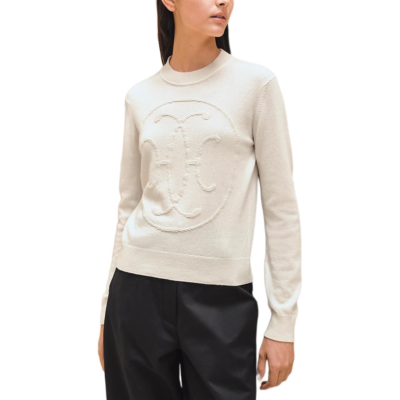 (Women) HERMES  White Cashmere Sweater FW24 Embroidered Crewneck Long Sleeve H4H2602D1A3