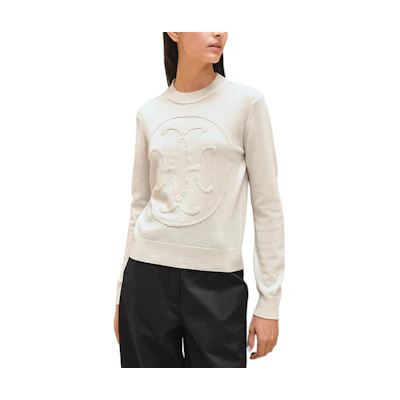 (Women) HERMES White Cashmere Sweater FW24 Embroidered Crewneck Long Sleeve H4H2602D1A3