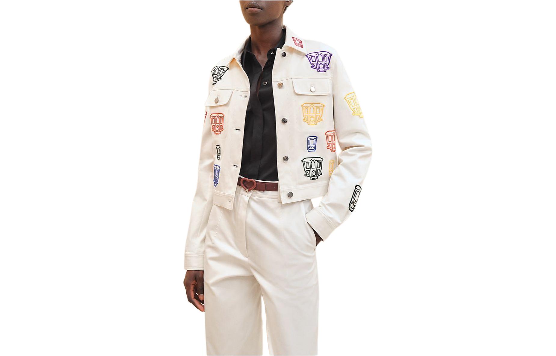 Order (Women) HERMES  White Denim Jacket with Embroidered Pattern and Single Button Closure H4E0258DNA3