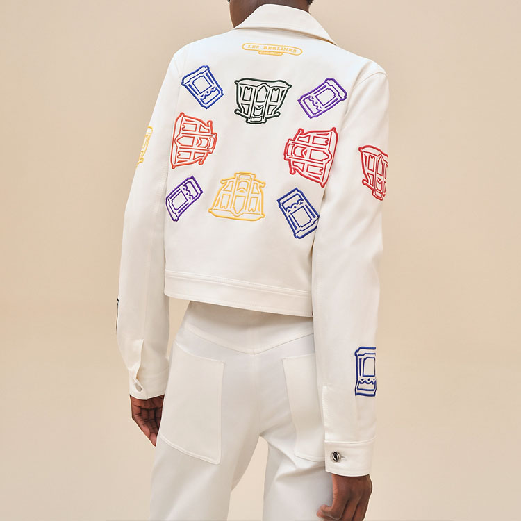 Shop (Women) HERMES  White Denim Jacket with Embroidered Pattern and Single Button Closure H4E0258DNA3