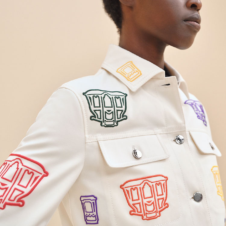 Details for (Women) HERMES  White Denim Jacket with Embroidered Pattern and Single Button Closure H4E0258DNA3