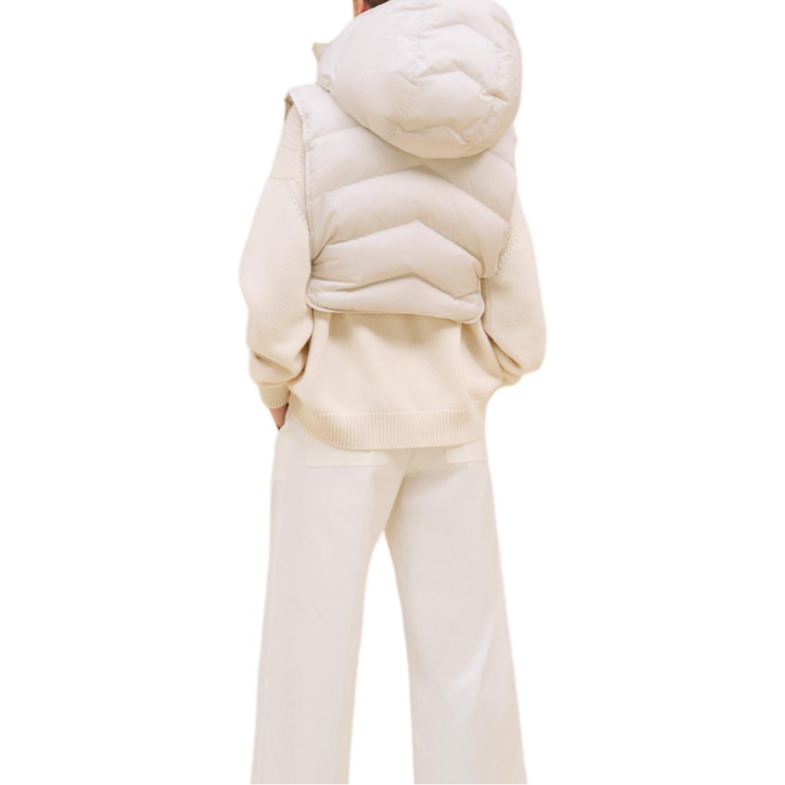 Lookbook (Women) HERMES  White Herringbone Solid Color Sleeveless Hooded Jacket H4H0254DRTL