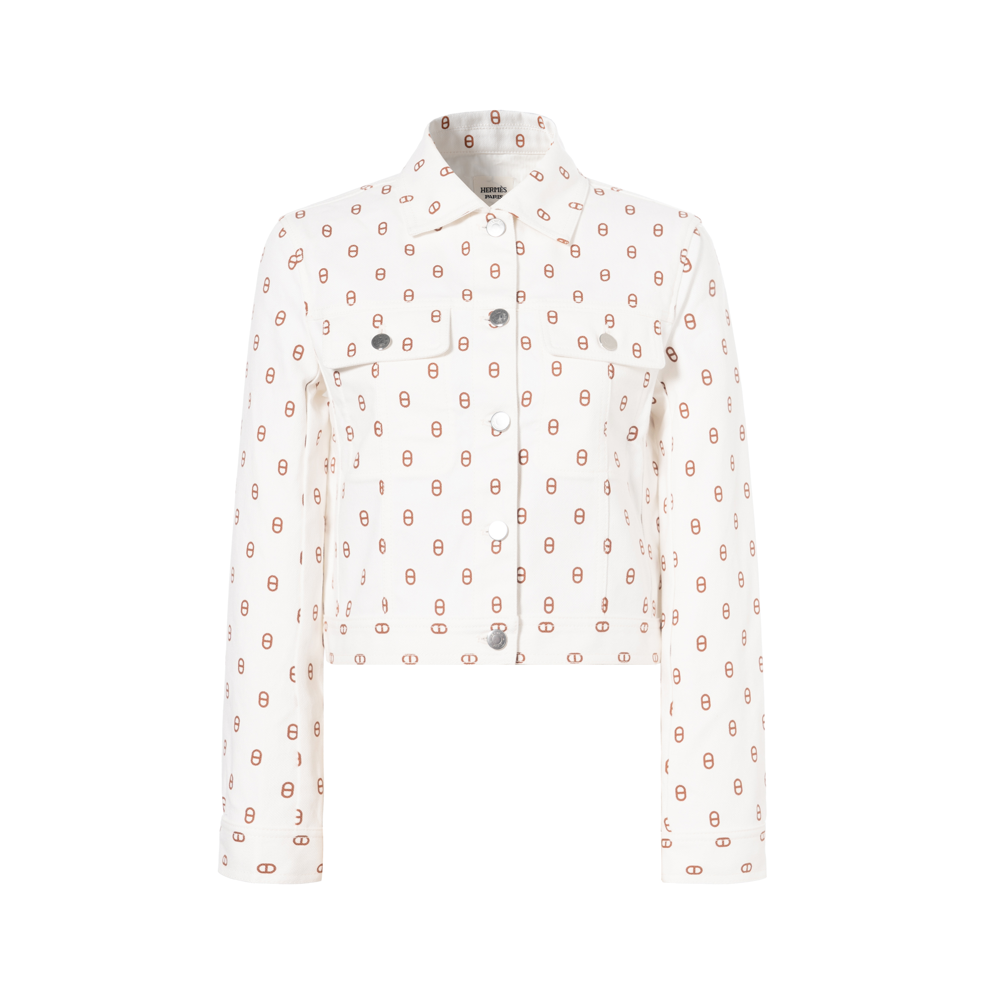 (Women) HERMES  White Printed Denim Jacket with Square Collar and Button Front. H4E0215D3HW