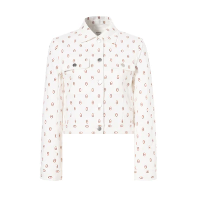 (Women) HERMES White Printed Denim Jacket with Square Collar and Button Front. H4E0215D3HW