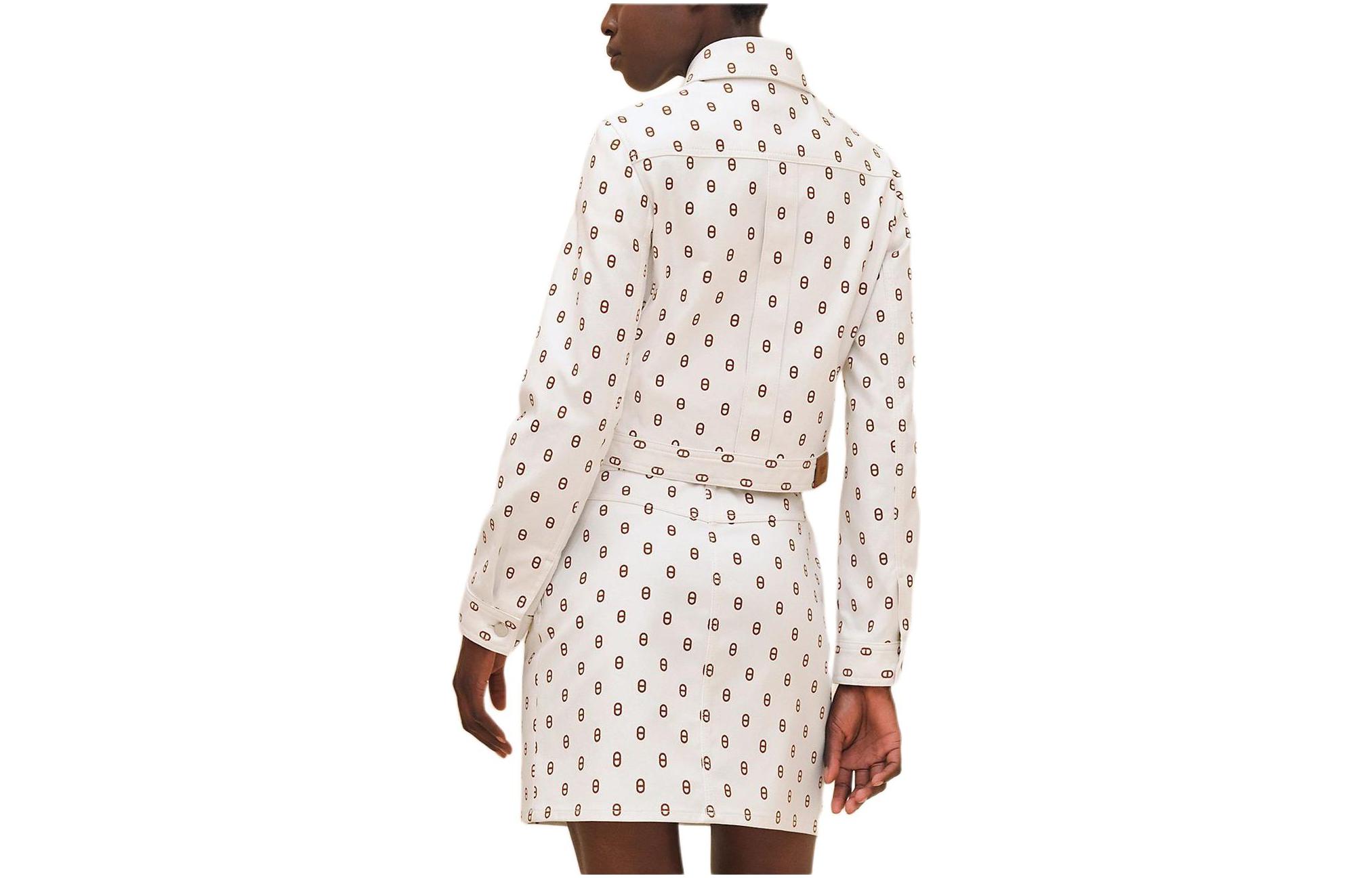 Lookbook (Women) HERMES  White Printed Denim Jacket with Square Collar and Button Front. H4E0215D3HW