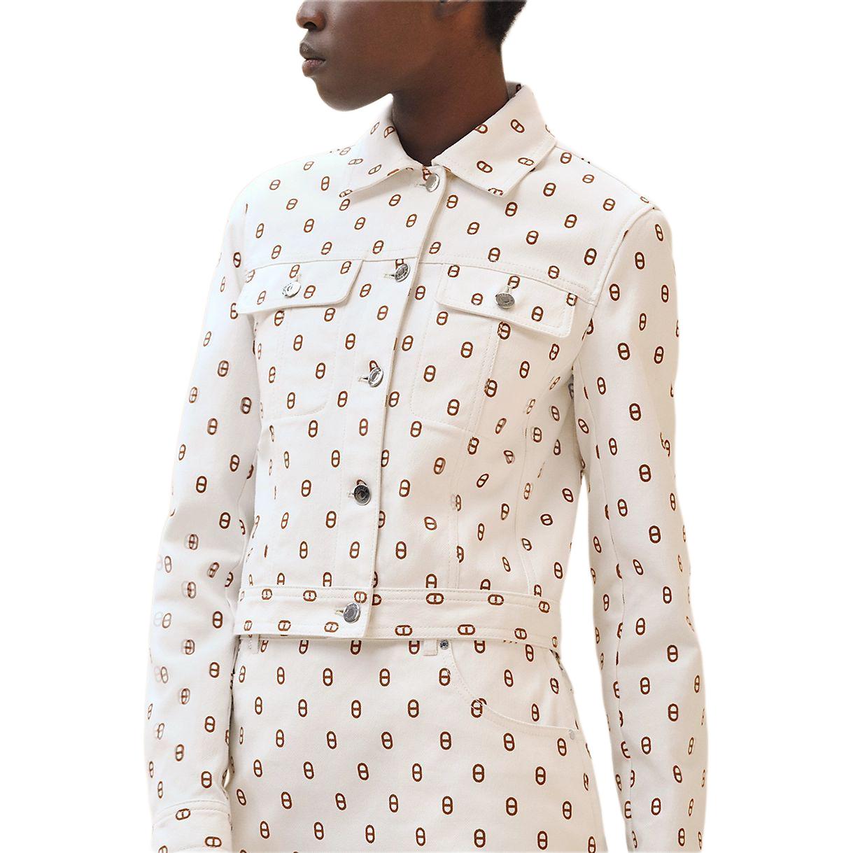 Shop (Women) HERMES  White Printed Denim Jacket with Square Collar and Button Front. H4E0215D3HW