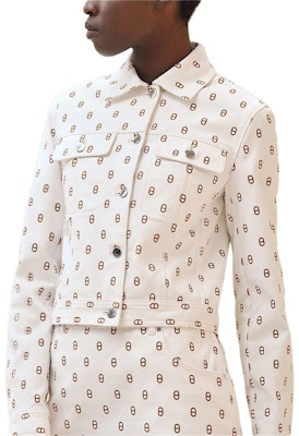 (Women) HERMES White Printed Denim Jacket with Square Collar and Button Front. H4E0215D3HW Shop (Women) HERMES White Printed Denim Jacket with Square Collar and Button Front. H4E0215D3HW