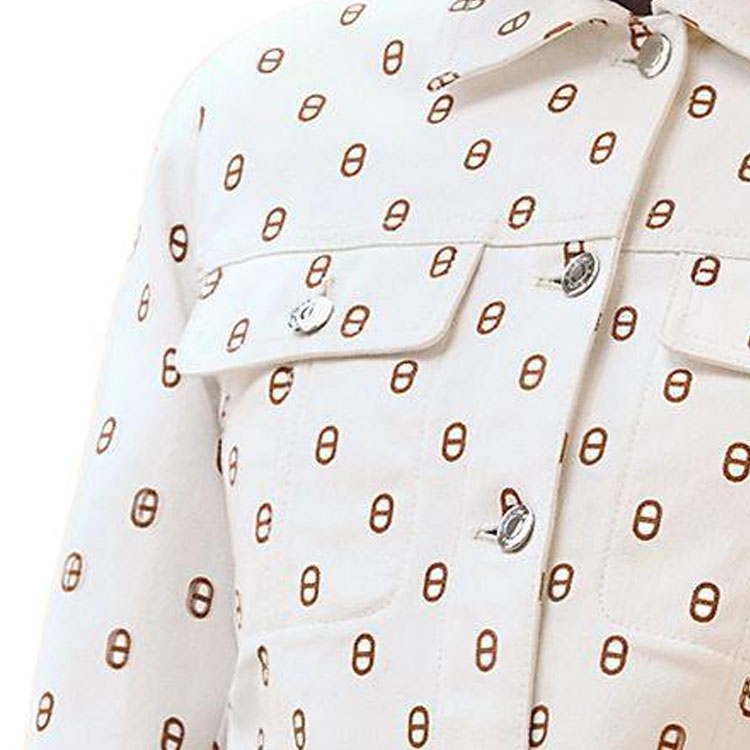 Sizing (Women) HERMES  White Printed Denim Jacket with Square Collar and Button Front. H4E0215D3HW