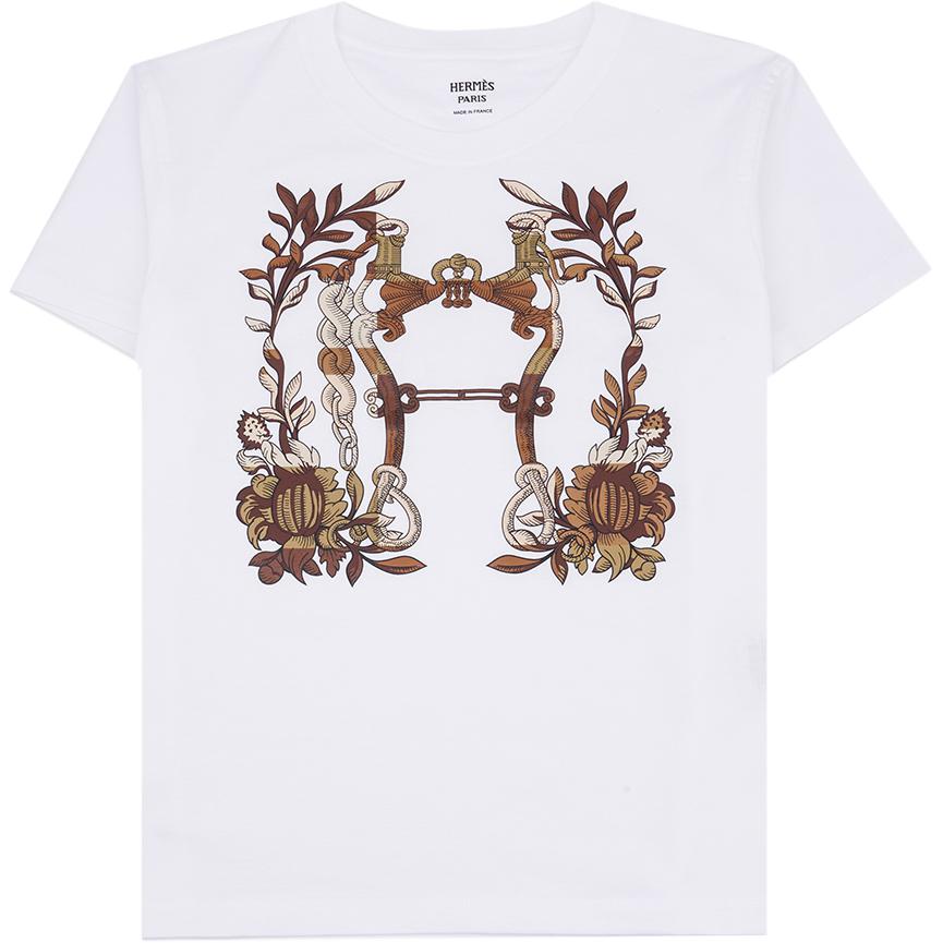 (Women) HERMES  White Printed Graphic Short Sleeve Crewneck Regular T-Shirt H4E4629DA90