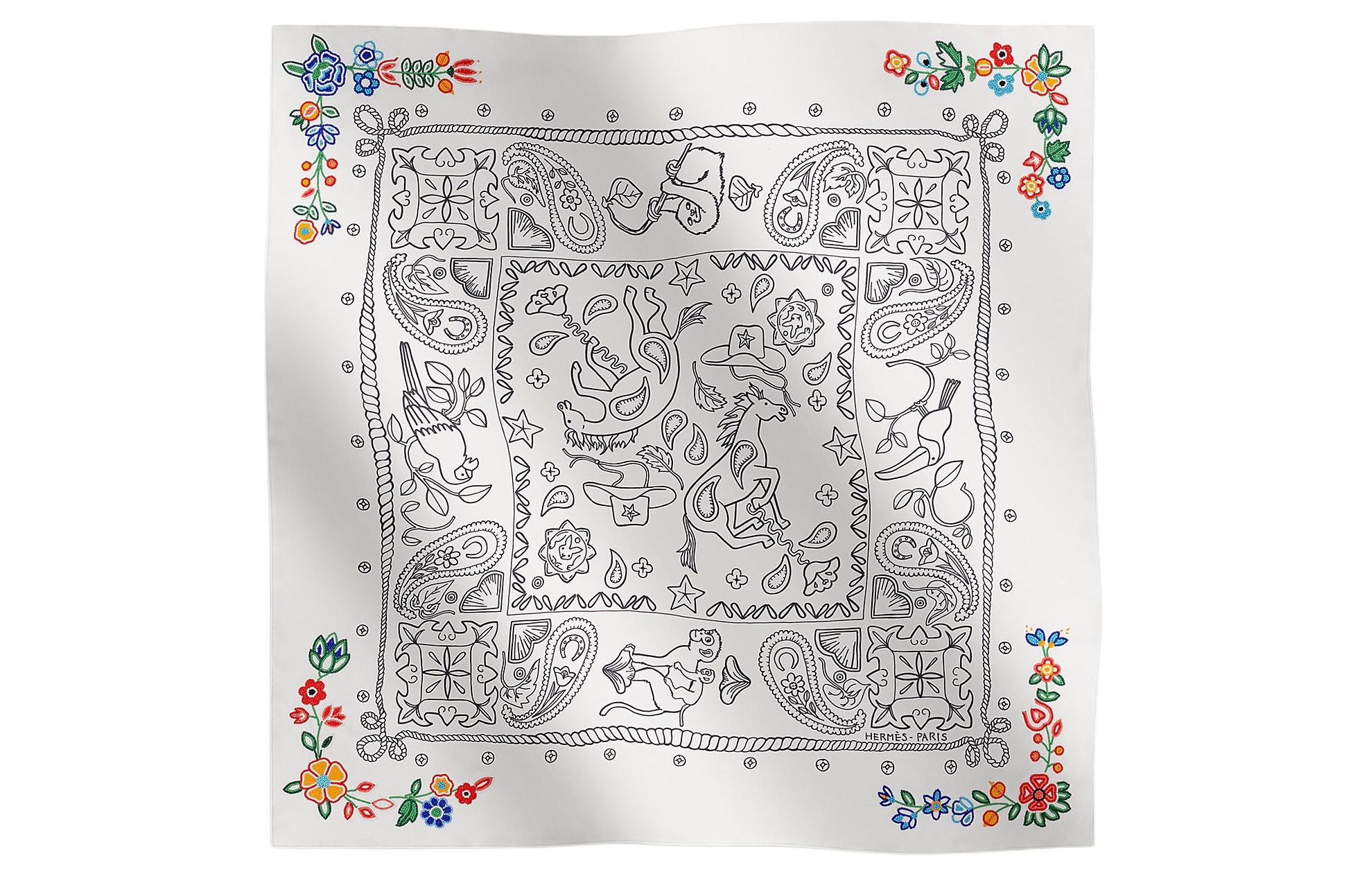 (Women) HERMES  White Silk Scarf with Animal Floral Embroidery Design. H944100S 03 圖 2