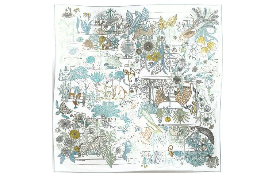 (Women) HERMES  White Silk Scarf with Exotic Wonderland Print H004094Sv14 圖 2