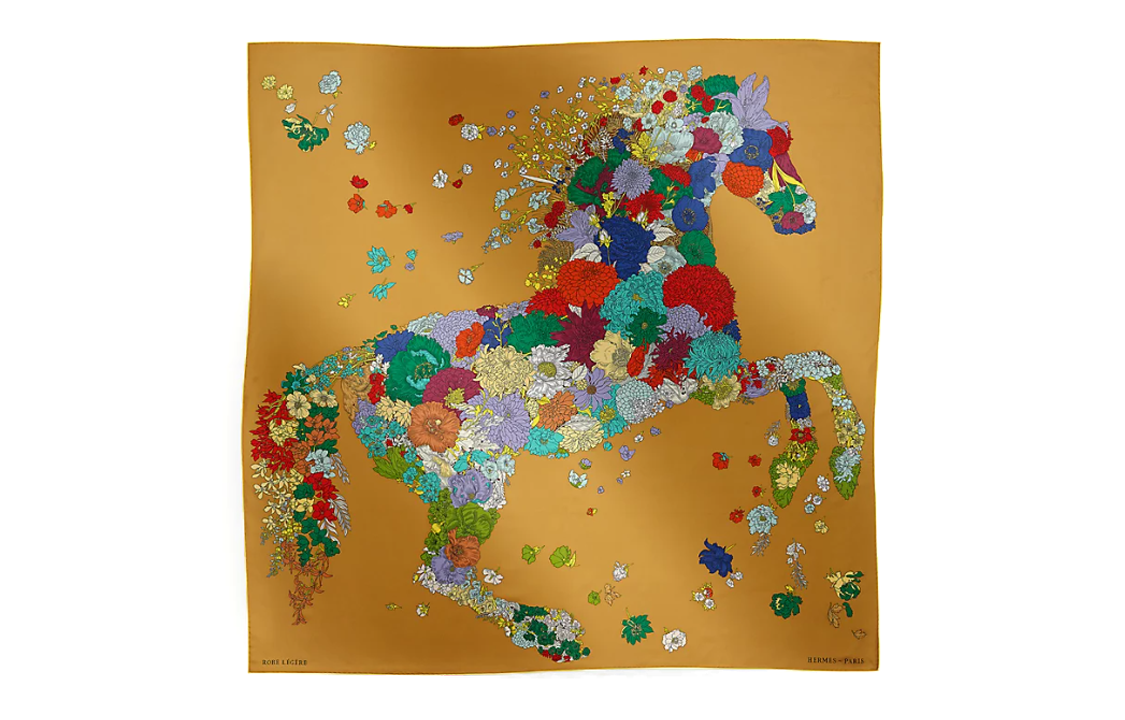 (Women) HERMES  Yellow Floral Pattern Silk Scarf. H673904Sv05