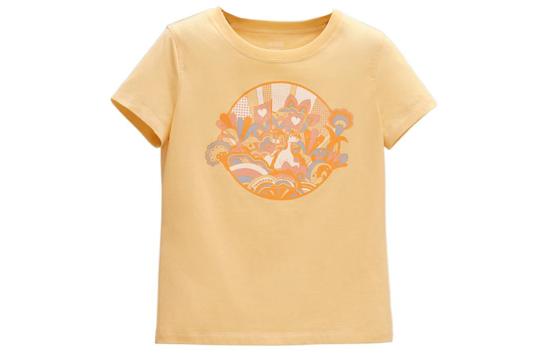 Order (W) HERMES Kuning Baju T-Shirt Leher Bulat Corak Tumbuhan Koleksi SS22. H2E4613DUB9