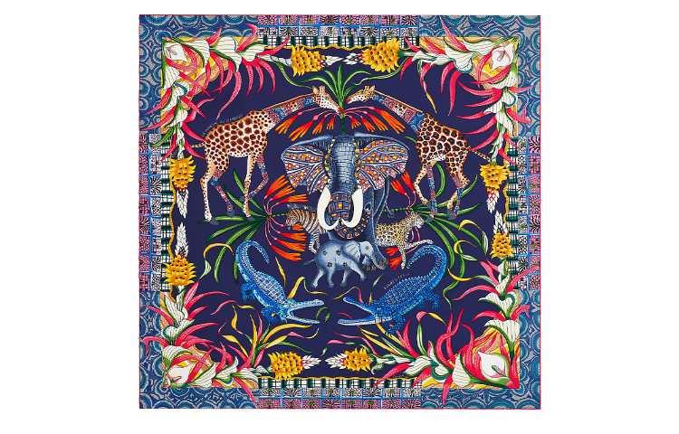 (Women) HERMES "Zambezi Celebrations" Silk Scarf 90cm Women’s Indigo/Pink/Multi-color H002987S-16