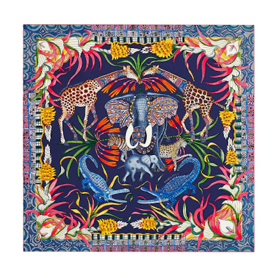 (Women) HERMES "Zambezi Celebrations" Silk Scarf 90cm Women’s Indigo/Pink/Multi-color H002987S-16