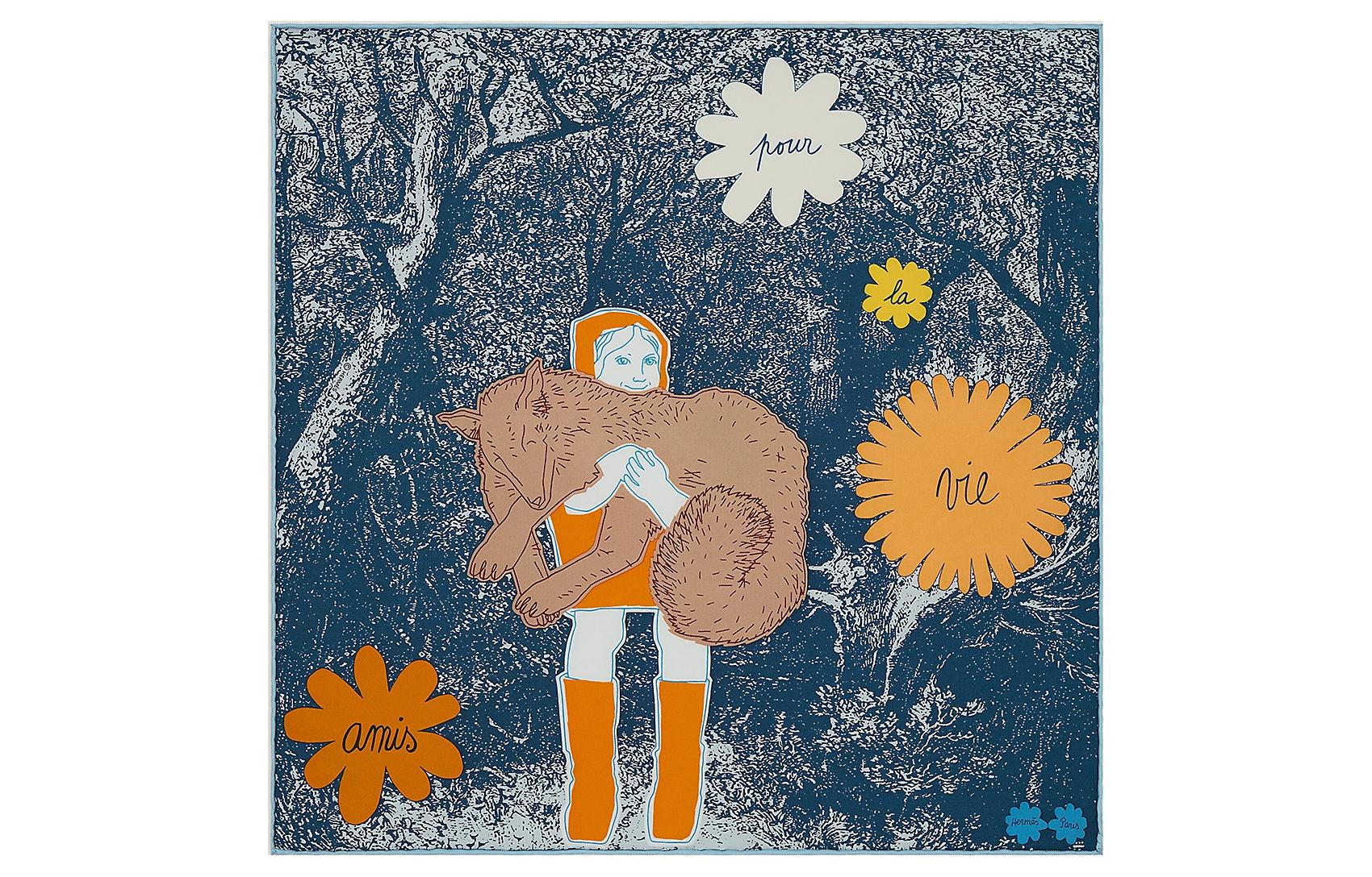 (Women) HERMES Amis pour la Vie Silk Scarf - Navy/Orange/Light Camel ( Accessory) H892571S-04