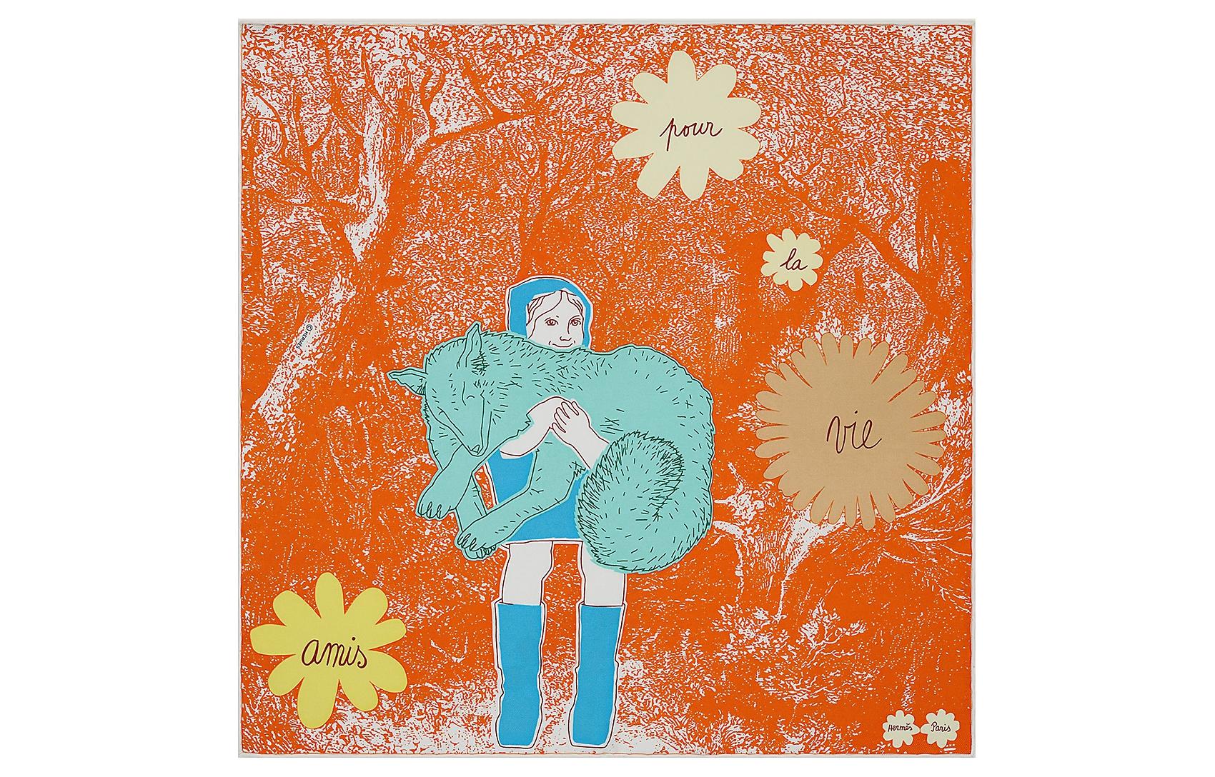 (Women) HERMES Amis pour la Vie Silk Scarf Orange/Blue/Green for Women. H892571S-10