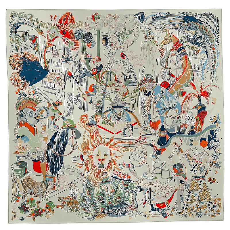 (Women) HERMES Animal Print Silk Scarf for Women - Silver/Orange/Green H004162Sv04