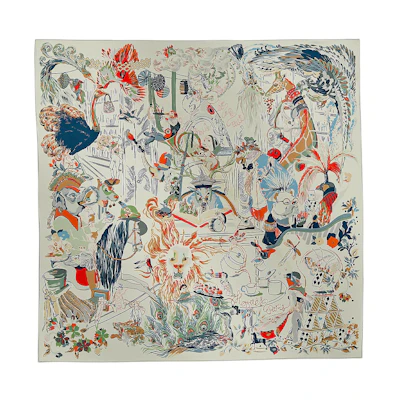 (Women) HERMES Animal Print Silk Scarf for Women - Silver/Orange/Green H004162Sv04
