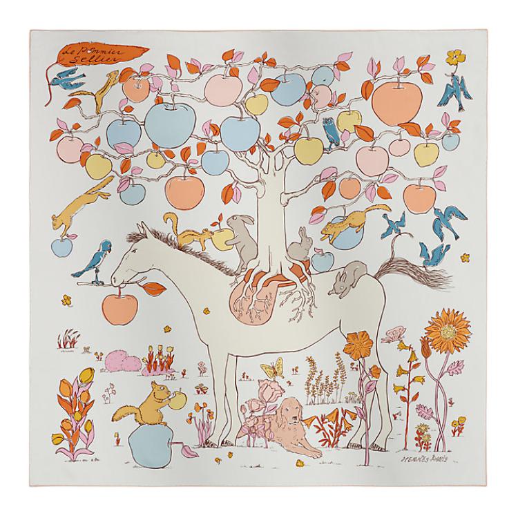 (Women) HERMES Apple Tree Logo Silk Scarf Women White/Glacier Blue/Apricot H004307S 06