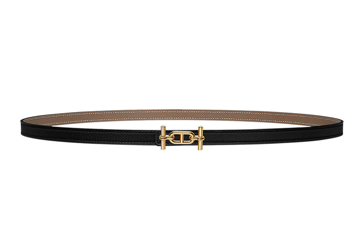 (Women) HERMES Black Calfskin Leather Belt Gold Buckle 1.3cm Width. H080014CC06-H065538CABD