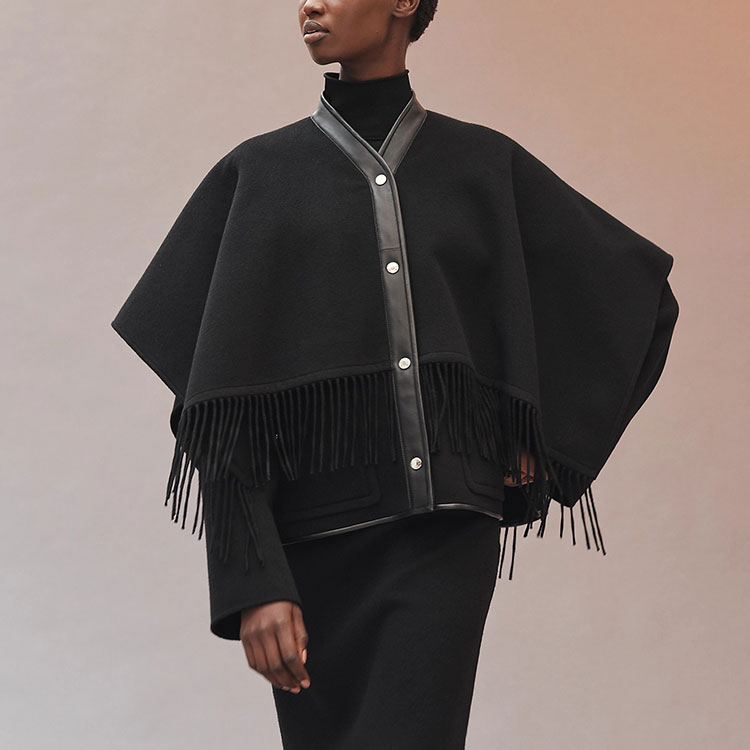 Lookbook (Women) HERMES Black Double-Sided Cashmere Coat with Tassel Detail. H1H0126DA02