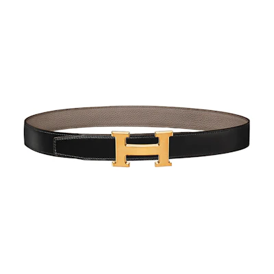 (Women) HERMES Black/Taupe Calfskin Belt with Matte Gold Buckle 3.2cm H064544CM2M | H073967CAAC