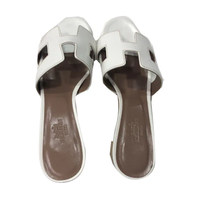 (W) HERMES Block Heel Slide Sandals 'White'
