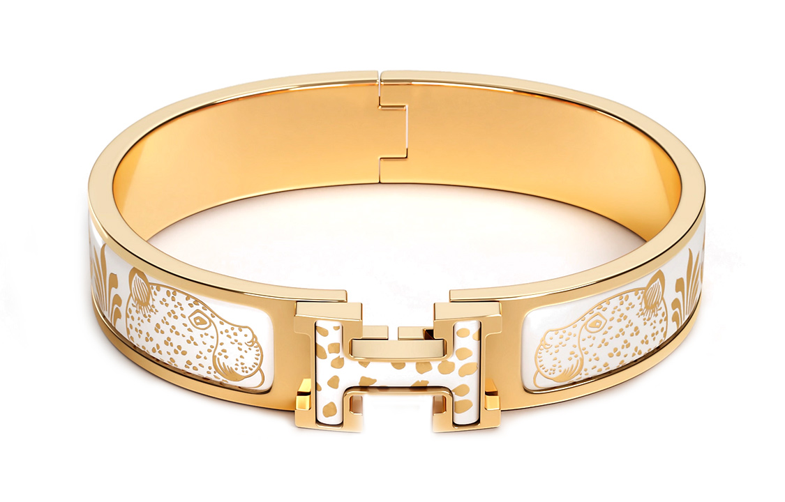 (Women) HERMES Bracelet for Women – "Double Leopards" Print in White/Gold with Gilded Finish. H702318F-C6GM