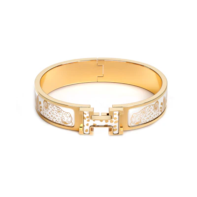 (Women) HERMES Bracelet for Women – "Double Leopards" Print in White/Gold with Gilded Finish. H702318F-C6GM