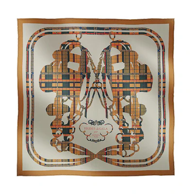 (Women) HERMES Brides de Gala Brown Plaid Striped Symmetric Silk Scarf for Women. H894052S-03