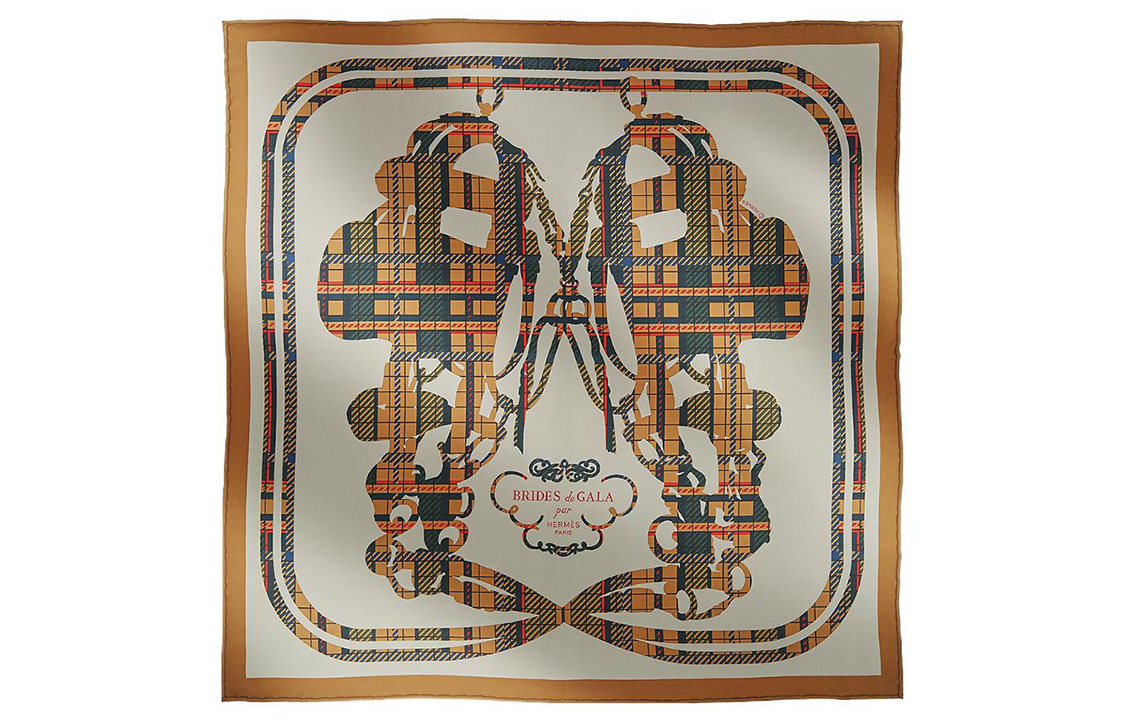 (Women) HERMES Brides de Gala Brown Plaid Striped Symmetric Silk Scarf for Women. H894052S-03 圖 2