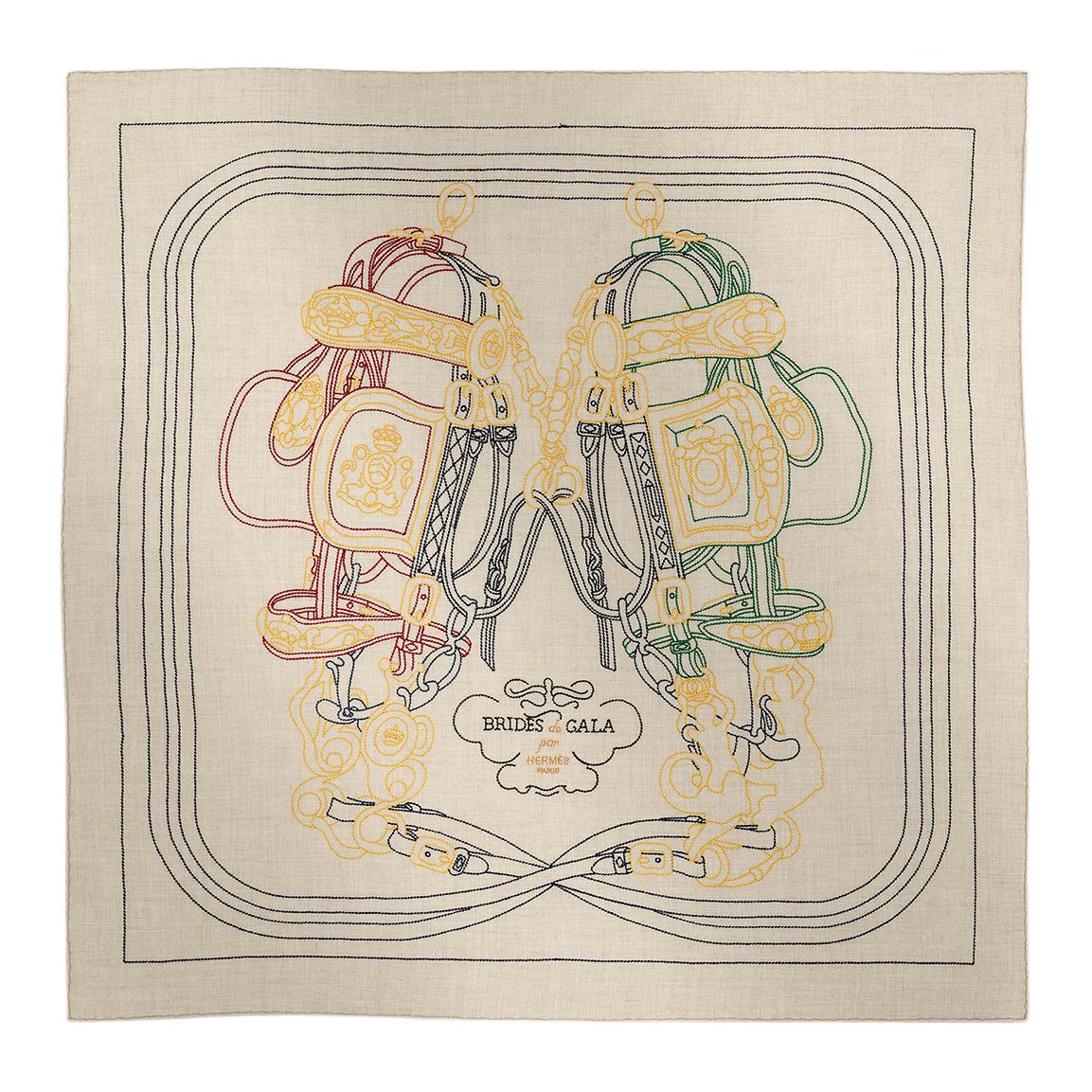 (Women) HERMES Brides de Gala Embroidered Cashmere Silk Scarf Beige  Accessories H234140S