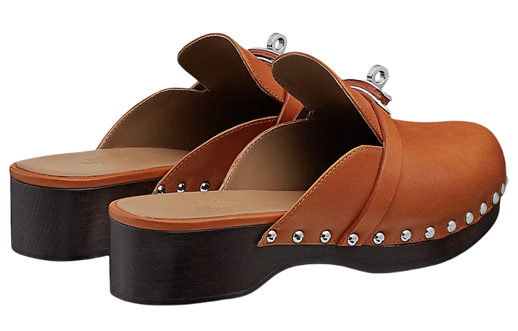 Shop (W) HERMES Zuecos de Piel de Becerro 'Marrón' H211078Z-A3