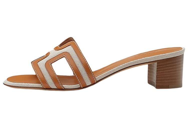 (Women) HERMES Calfskin H Canvas High-Heel Sandals 'Brown' H221114Z-79